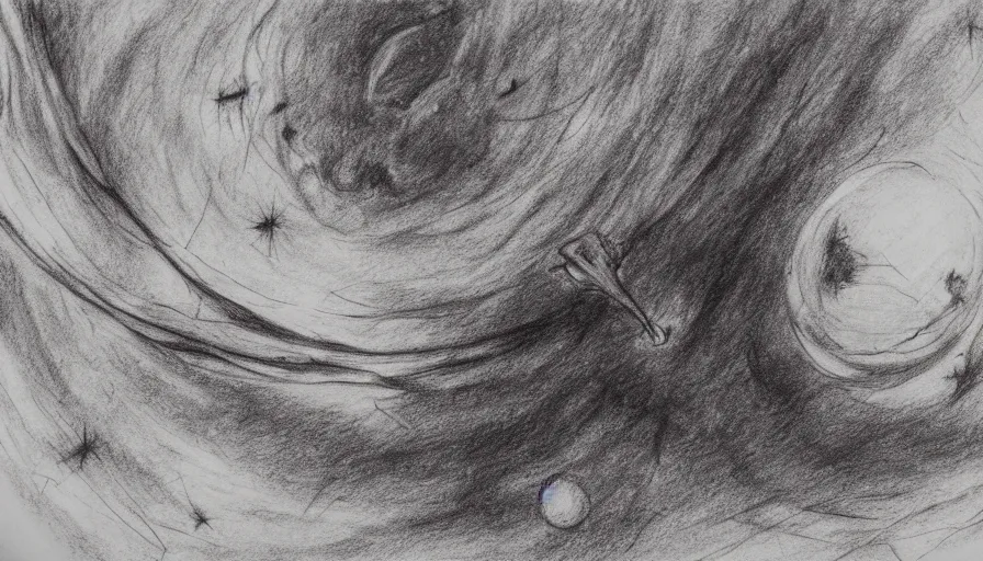 Image similar to mothership on an alien planet, 1 9 th century charcoal and pencil drawing