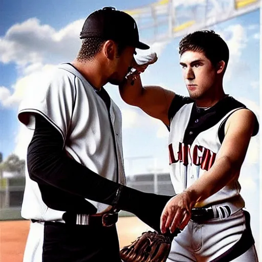 Prompt: “attractive man inserts mind control chip into an attractive baseball player man who is part cyborg, westworld ”