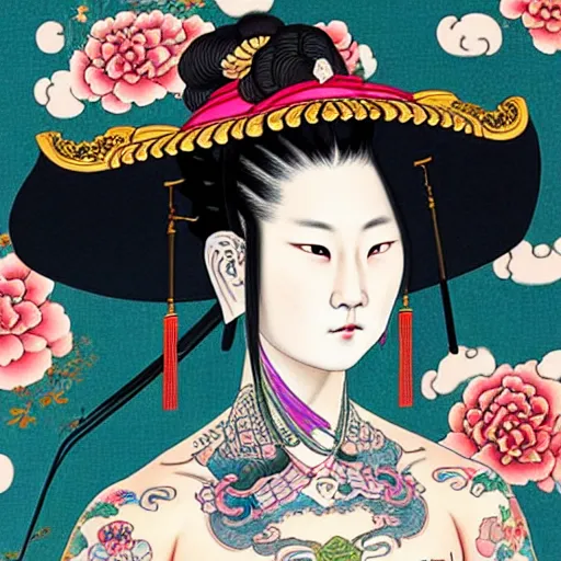 Prompt: full view, from a distance, of princess from the qing dynasty with tattoos, wearing a cowboy hat, style of yoshii chie and hikari shimoda and martine johanna, highly detailed