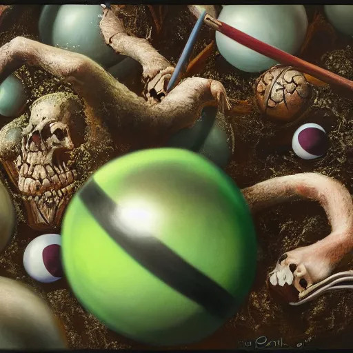 Image similar to death nature with pool balls, oleo painting, higly detailed, 8 k, photorealistic, art concept, artstation, sharp focus