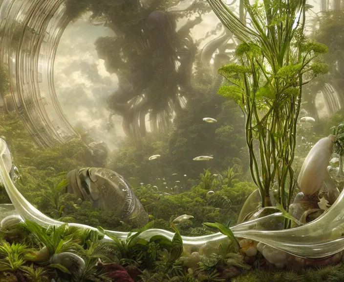 Image similar to simplicity, transparent clear see - through image of mollusks, lush botany, orchids, ferns, biomechanical environment, ultra realistic, concept art, photorealistic, octane render, 8 k, unreal engine. art by gustave dore and nori inoguchi and sam kaplan and zachary goulko and christopher marley and artgerm and alphonse mucha