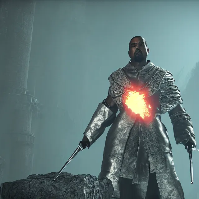 Image similar to kanye yeezus as a boss in dark souls, dark cinematic, volumetric, realistic, 3 d render, cinematic lighting, ray tracing, unreal engine 5, unreal engine render, octane render, hyper realistic, photo, 8 k