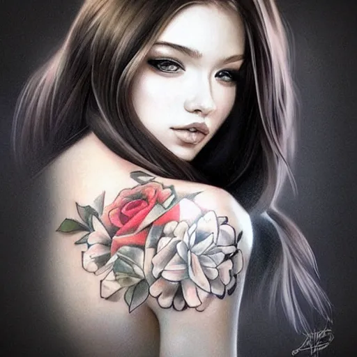 Prompt: tattoo design, beautiful portrait of a girl by artgerm, artgerm