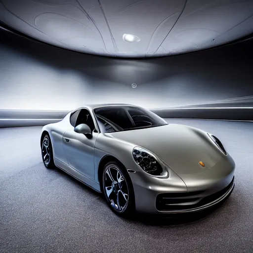 Image similar to futuristic Porsche designed by Apple, XF IQ4, 150MP, 50mm, f/1.4, ISO 200, 1/160s, natural light, Adobe Photoshop, Adobe Lightroom, DxO Photolab, Corel PaintShop Pro, rule of thirds, symmetrical balance, depth layering, polarizing filter, Sense of Depth, AI enhanced