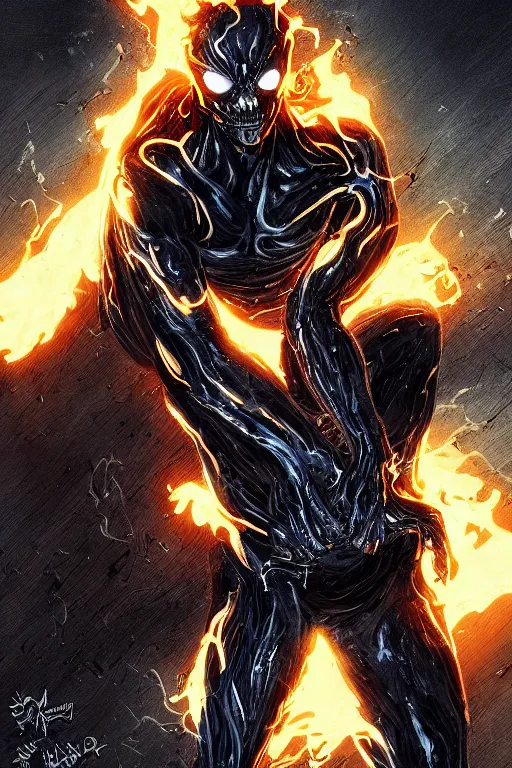 Image similar to ghost rider symbiote, comic strip style, dynamic lighting, fantasy concept art, trending on art station, stunning visuals, creative, cinematic, portrait, ultra detailed