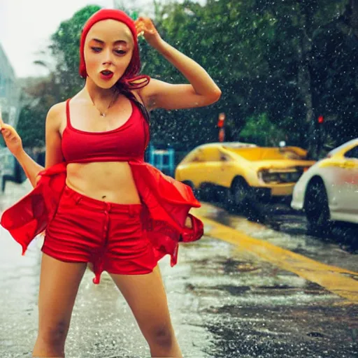 Prompt: banana wearing red shorts dancing in the rain, hyper detailed, photo realistic