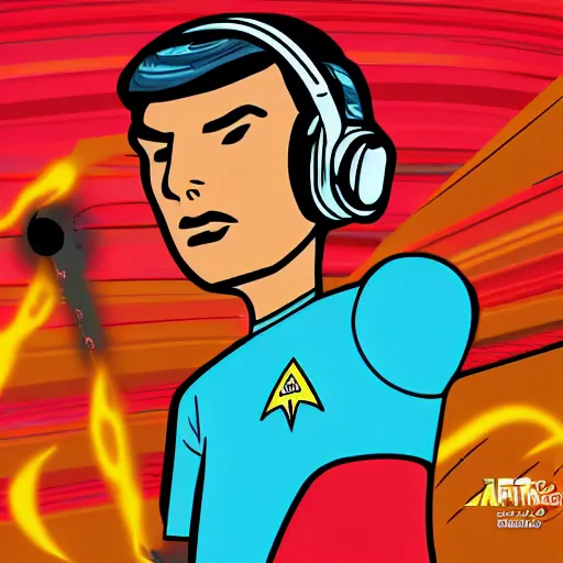 Image similar to svg sticker of a Pop-Wonder Captain-Spock-Star-Trek at a rave, spinning records, giant headphones rocking out, wearing headphones, huge speakers, dancing, rave, DJ, spinning records, digital art, amazing composition, rule-of-thirds, award-winning, trending on artstation, featured on deviantart