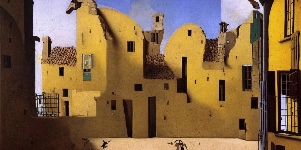 Prompt: a painting of ancient roman village houses by yves tanguy and vermeer and botticelli, dramatic lighting, analogous complementary colour scheme, vivid colours