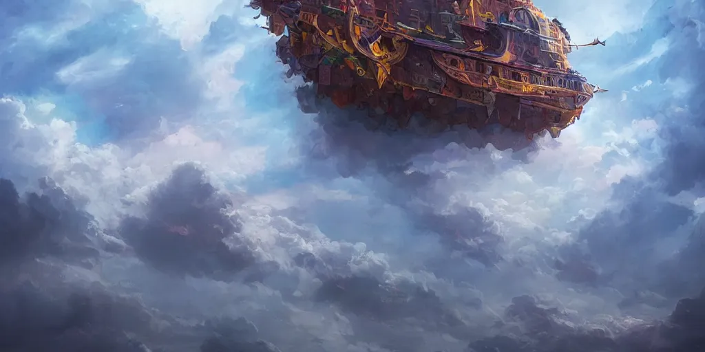 Image similar to a ship floating high in the clouds, fantasy, trending on artstation, digital art, hyper detailed, hyper colorful, cinematic