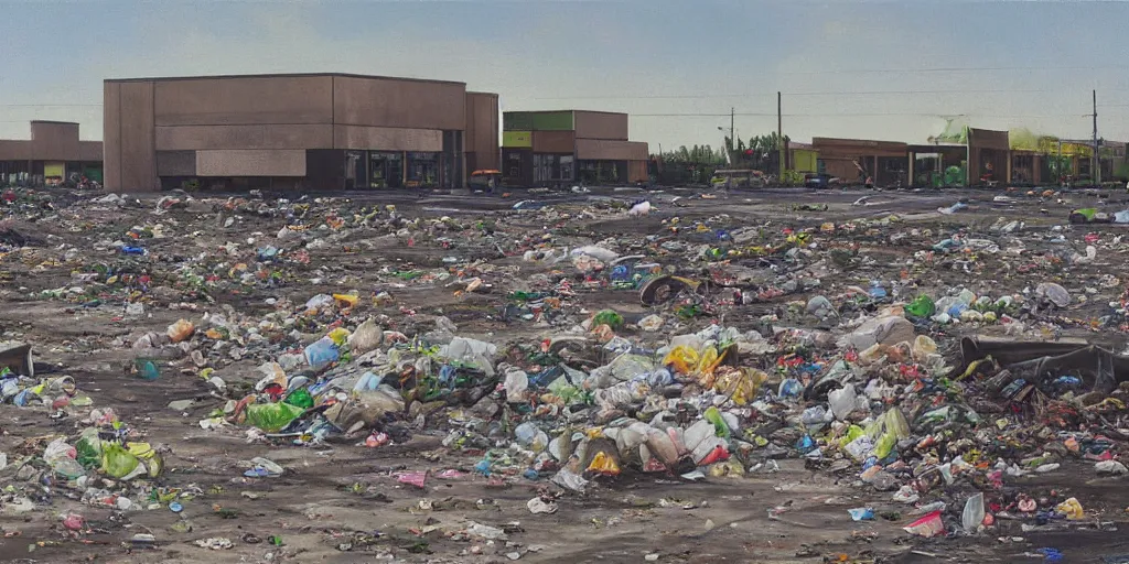 Prompt: Landscape of abandoned strip malls and desolate shopping malls, mounds of garbage in the distance, detailed oil painting, hyperrealistic, hazy mid day