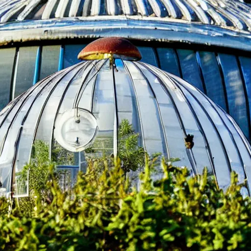 Image similar to a tiny domed greenhouse on top of a mushroom, high detail