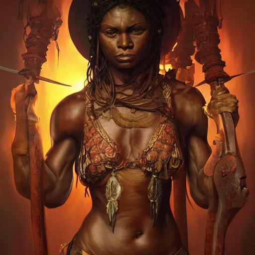 Prompt: wide painting of dark muscular oiled bengoli woman, bloody, carrying a sword, symmetric, ultra realistic, concept art, intricate details, eerie, highly detailed, photorealistic, octane render, 8 k, unreal engine. art by artgerm and greg rutkowski and alphonse mucha