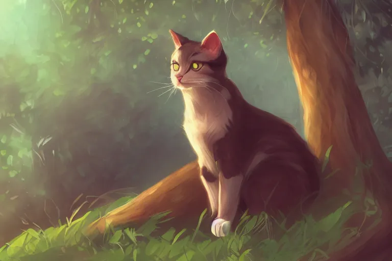 Prompt: a cat in a forest, backlighting, trending on artstation, furry art, by kawacy, warm lighting, digital art