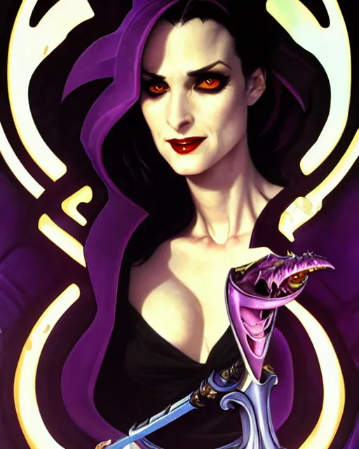 Image similar to winona ryder as scream queen, supervillain, villainess, pulp femme fatale, comic cover painting, masterpiece artstation. 8 k, sharp high quality artwork in style of wayne reynolds, alphonse mucha, greg rutkowski, and don bluth, concept art by jack kirby, blizzard warcraft artwork, hearthstone card game artwork