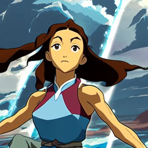 Image similar to the legend of korra, korra is jumping between mountains anime