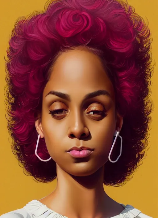 Image similar to full body portrait, teenage vanessa morgan, pink hair, brown skin, obese, curly pixie hair, sultry, realistic, short hair, hoop earrings, skirt, shirt, fat, belly, intricate, elegant, highly detailed, digital painting, artstation, concept art, smooth, sharp focus, illustration, art by wlop, mars ravelo and greg rutkowski