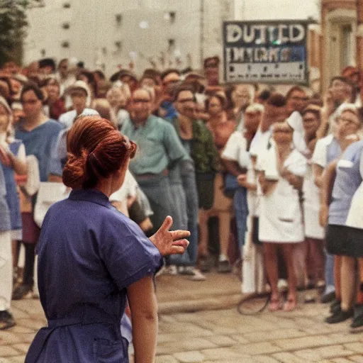 Image similar to Award-winning photograph of a nurse begging for a day off in front of her boss, a crowd is gathered around, 8k, ultra realistic