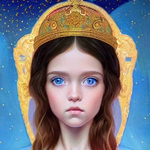 Prompt: a little girl with short wavy curly light brown hair and blue eyes, a space empress in byzantine style. beautiful highly detailed face, painting by ilya kuvshinov