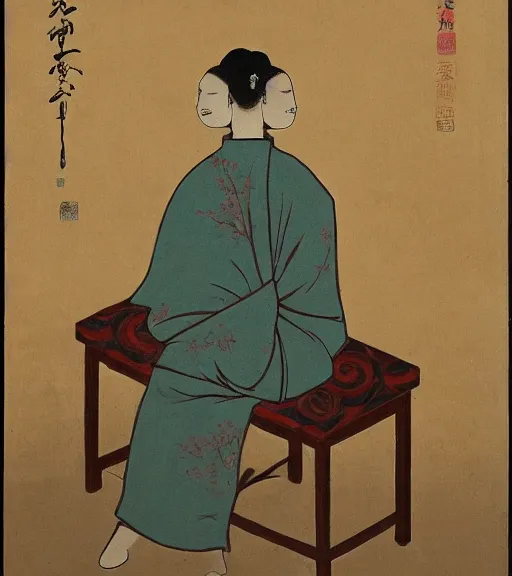 Image similar to a woman with a flower in her head sits on a chair in the corner of an empty room, view from behind, xue jiye