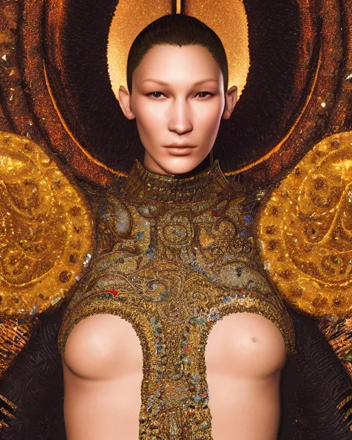 Image similar to a highly detailed metahuman 8 k close up render of bella hadid in gustav klimt style trending on artstation made in unreal engine 4