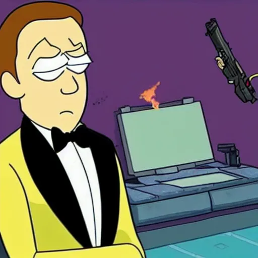 Prompt: james bond in rick and morty, illustration.