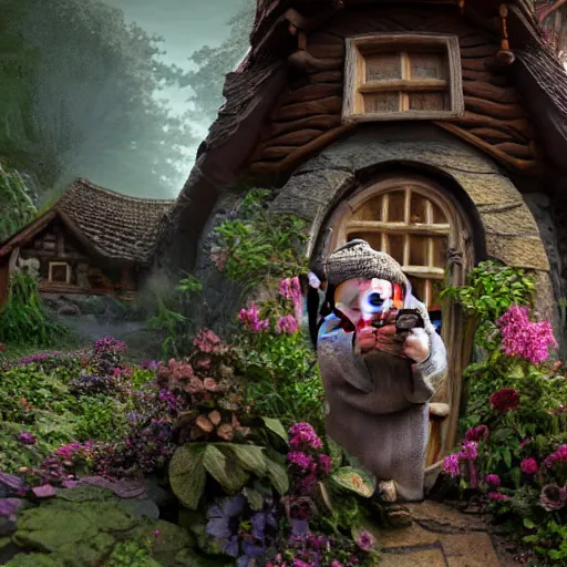 Image similar to a wise old troll inside a medieval hobbit house, ornate, beautiful, atmosphere, vibe, flowers, concept art illustration, color page, 4 k, tone mapping, doll, akihiko yoshida, james jean, andrei riabovitchev, marc simonetti, yoshitaka amano, digital illustration, greg rutowski, volumetric lighting, sunbeams, particles