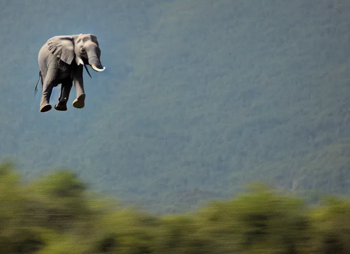 Image similar to dslr photo still of an elephant leaping off a mountain flying through the air, 4 k, 1 2 0 mm f 1 6