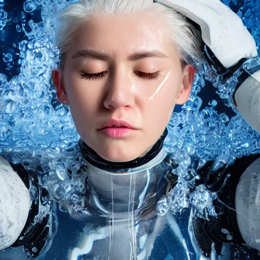 Prompt: futuristic female soldier eyes closed partly submerged in rippling viscous clear fluid, white eyelashes, oil sleek surface, frost roses, ice needles, cold blue light, complex hyperdetailed technical suit. white hair flowing, frosty breath, ultra realistic, wide angle.