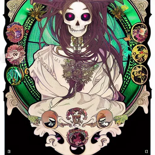 Image similar to anime manga skull portrait girl angel face skeleton illustration style by Alphonse Mucha and Takashi Murakami pop art nouveau