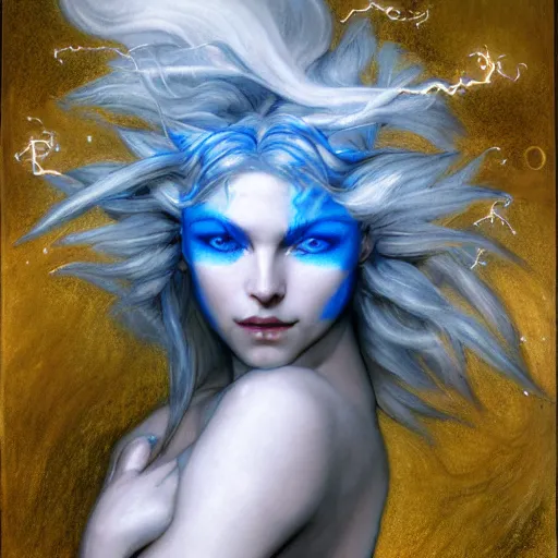 Image similar to head and shoulders portrait of a female lightning genasi with blue skin and white hair made of sirrus clouds, full white robes, medieval, fantasy, d & d, luis royo, klimt, alphonse mucha