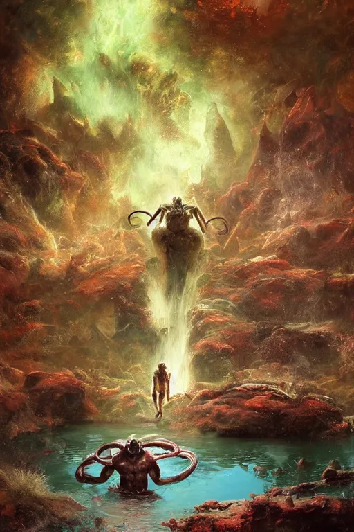 Prompt: a huge muscular demon with ram's horns emerges from a pond on rocky alien world, water splashing cascading, alien flora and fauna, space background nebula nasa, by ruan jia, jack kirby, norman rockwell, wayne barlow, sergey krasovskiy, zdzislaw beksinski, boris vallejo, artstation creature