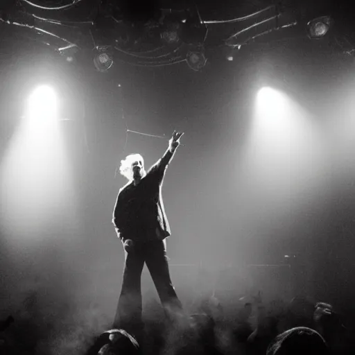 Prompt: a photo of donald trump on stage as the lead singer in a norwegian black metal band, small stage, large crowd, volumetric lighting, hyper realistic, ultra detailed, 2 8 mm lens