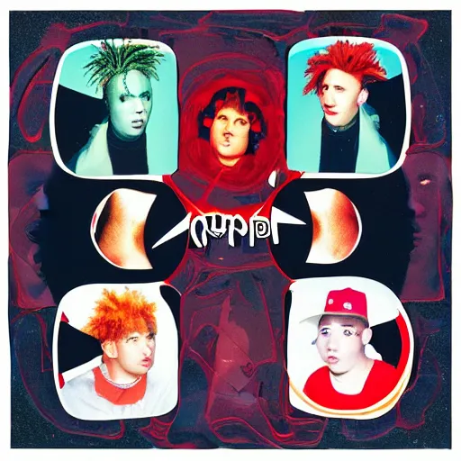 Prompt: 9 0 s cd album cover, four boring kids from the suburbs with bad hair doing ridiculous poses, rap - rock album cover, outrageous album cover design by pen and pixel