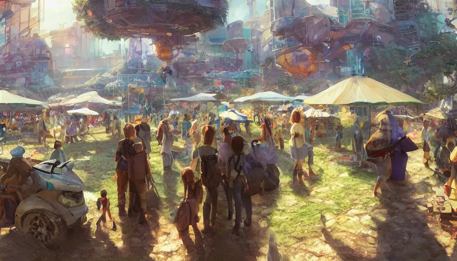 Prompt: craig mullins and ghibli digital illustration of solarpunk farmers market festival under a force field, scifi, colorful, unreal engine, hyper realism, realistic shading, cinematic composition, realistic render, octane render, detailed textures, photorealistic, wide shot