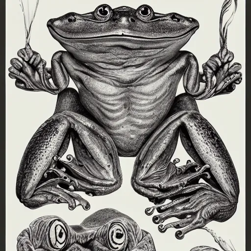 Image similar to full page antique lithograph of Anathomy of godotr, intelligent humanoid frog-like creature, White background, art print, clean brush stroke, realistic highly detailed, 8k post-processing highly detailed, rendered by octane engine, esty