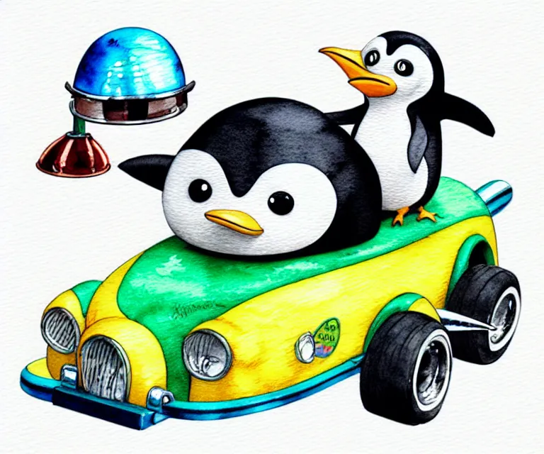 Image similar to cute and funny, penguin wearing a helmet riding in a tiny hot rod with an oversized engine, ratfink style by ed roth, centered award winning watercolor pen illustration, isometric illustration by chihiro iwasaki, edited by range murata, tiny details by artgerm and watercolor girl, symmetrically isometrically centered, sharply focused