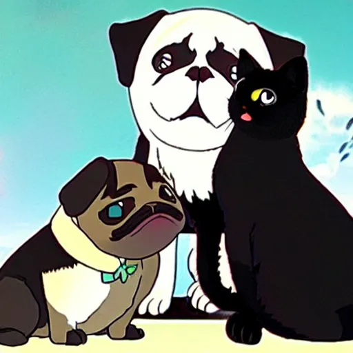 Image similar to a black cat wearing a white wedding dress and a pug dog in a tux, Miyazaki, studio ghibli