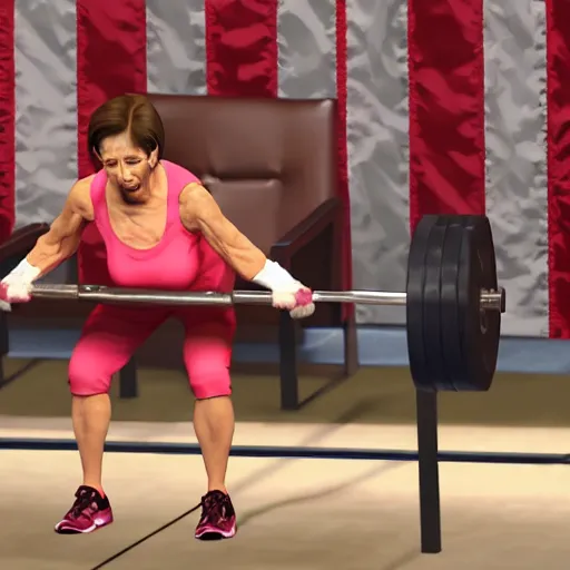 Image similar to nancy pelosi deadlifting 5 0 0 pounds, realism, fine details, unreal, render, cinematic, epic, volumetric lighting