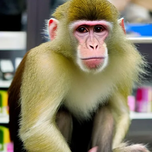 Image similar to a monkey with long blonde hair, shopping at a mall,