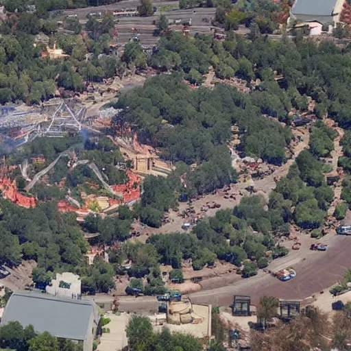 Image similar to aerial image of disney land ln fire alien invasion