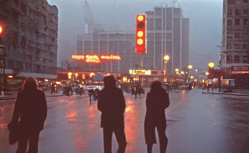 Image similar to 70s movie still of a sovietic street with pedestrians with soviet highrise in the backround , Cinestill 800t 18mm ektachrome color, heavy grainy picture, very detailed, high quality, 4k panoramic, HD criterion, dramatic lightning, neon billboards and streetlight at night, rain, mud, foggy