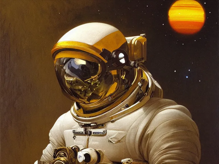 Image similar to a detailed profile oil painting of an explorer in a spacesuit with reflective helmet, flight suit, portrait symmetrical and science fiction theme with aurora lighting by beksinski carl spitzweg and tuomas korpi. baroque elements, full-length view. baroque element. intricate artwork by caravaggio. Trending on artstation. 8k