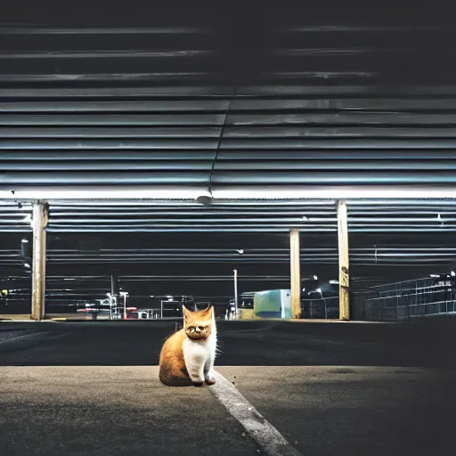 Image similar to a cat waiting at an overhead carpark at night, cinematic lighting