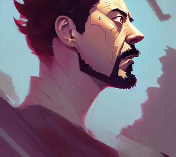 Prompt: portrait tony stark having a nightmare atey ghailan, by greg rutkowski, by greg tocchini, by james gilleard, by joe fenton, by kaethe butcher, by ashley wood, dynamic lighting, gradient light blue, brown, blonde cream and white color scheme, grunge aesthetic