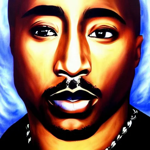 Image similar to Tupac as an airbrush painting with angel wings and a halo