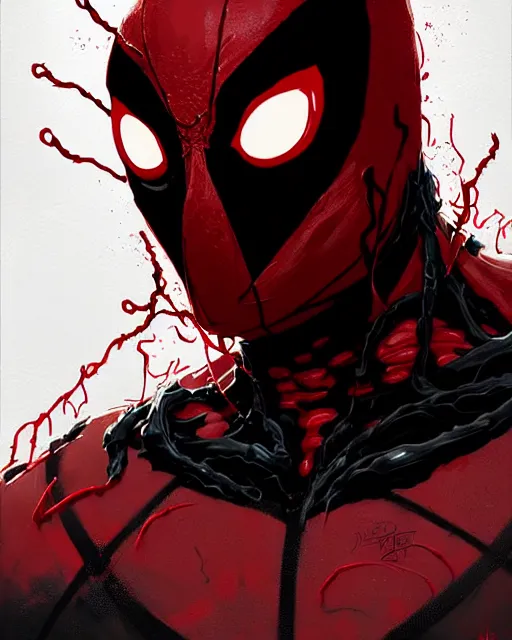 Image similar to highly detailed closeup portrait of a mutated carnage symbiote in deadpool suit with carnages face, wearing black hoodie by atey ghailan, by greg rutkowski, by greg tocchini, by james gilleard, by joe fenton, by kaethe butcher, red, black, crimson and white color scheme, grunge!! graffiti tag wall