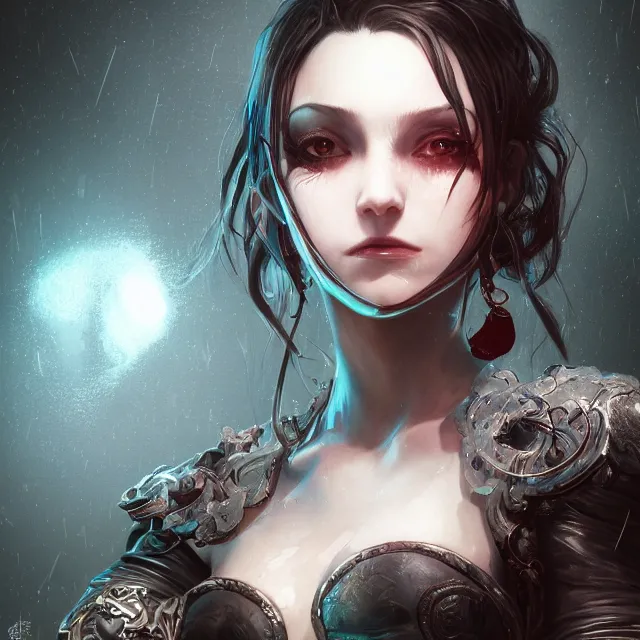 Prompt: the portrait of the neutral evil fallen female dark knight vagabond as absurdly beautiful, gorgeous, elegant, sophisticated, young idol, an ultrafine hyperdetailed illustration by irakli nadar, intricate linework, bright colors, octopath traveler, final fantasy, unreal engine highly rendered, global illumination, radiant light, detailed and intricate environment