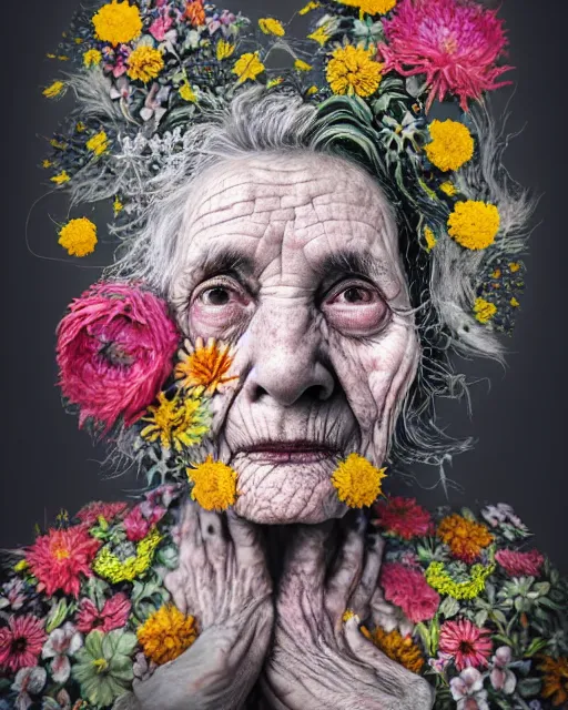 Prompt: a portrait of a fleshy old woman covered in flowers in the style of guiseppe arcimboldo and james jean, covered in wispy gray hair with a hint of neon, hd 3 d, cinematic shot, volumetric lighting, 8 k