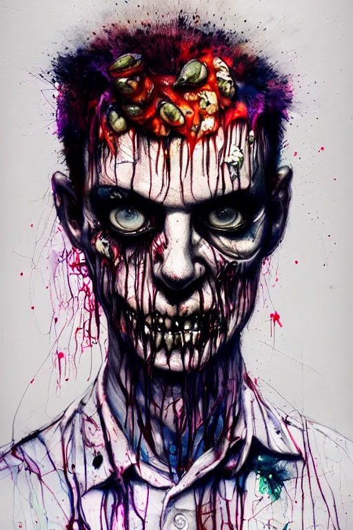 Prompt: zombie cop by agnes cecile enki bilal moebius, intricated details, 3 / 4 back view, full body portrait, extremely luminous bright design, horror, pastel colours, toxic drips, autumn lights