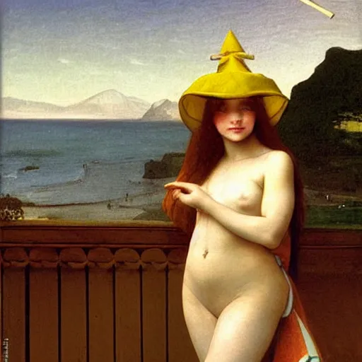Prompt: A girl with jester hat and clothes on the front of a Balustrade with a beach on the background, major arcana, by paul delaroche, hyperrealistic
